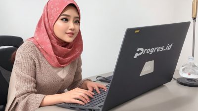 perempuan sedang bekerja dengan laptop